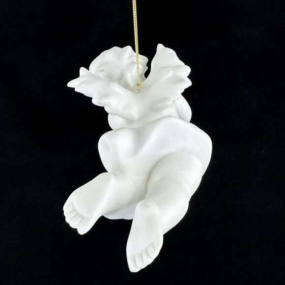 Vintage Porcelain Cherub Angel Hanging Figurine Gold Cord Brass Trumpet Ornament - Picture 4 of 16